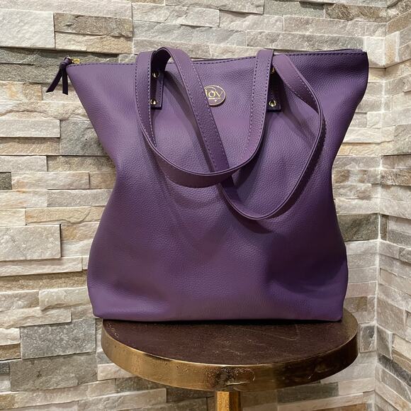 Joy Mangano Leather Tote | Purple Zip Top Bag, Gold Logo, Clean Interior NWOT - Picture 9 of 9